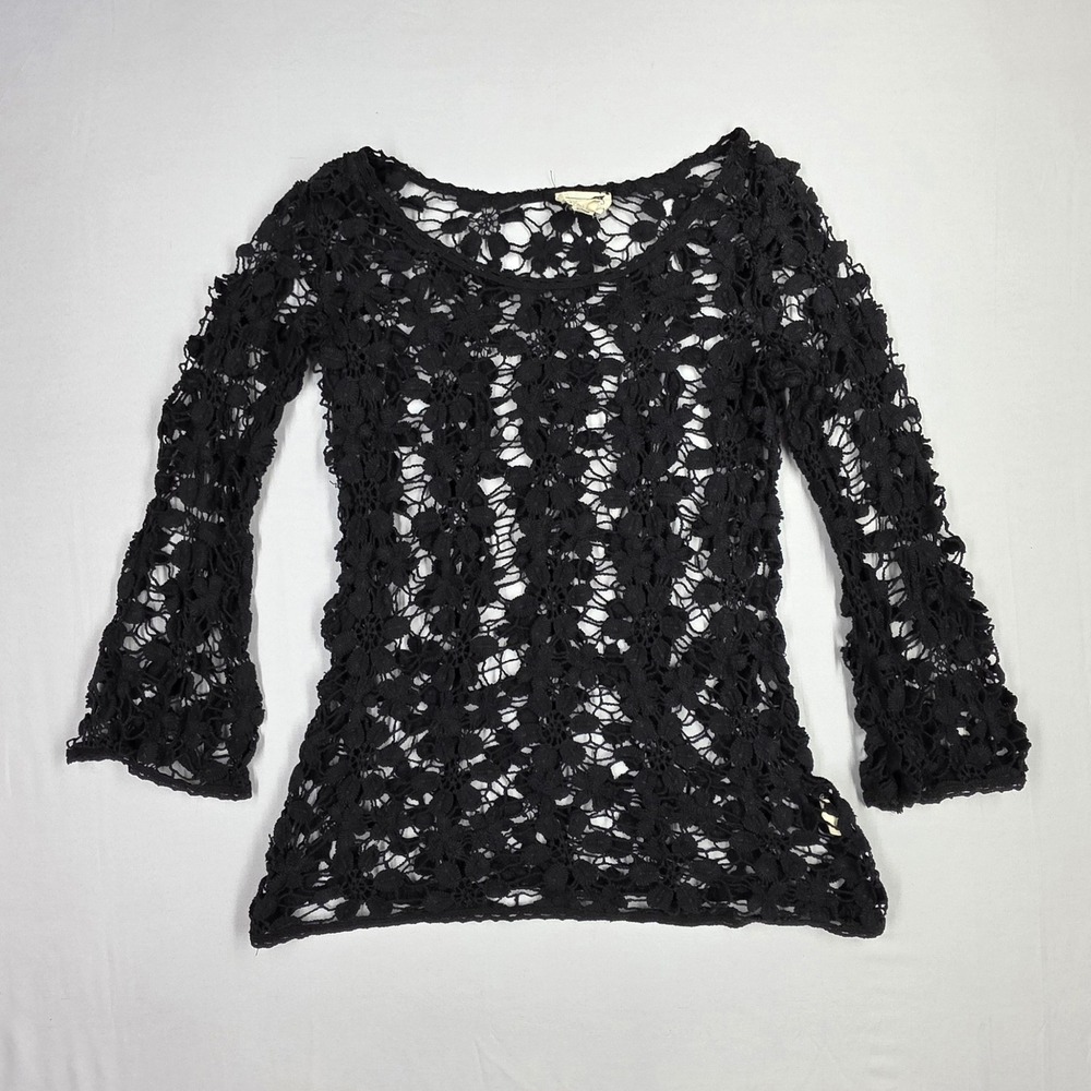LA Hearts Black Crochet Lace Long Bell Sleeve Top Floral Open Knit Boho Medium